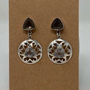 Elegant Sterling Silver, Smokey Quartz, and Blue Topaz  Dangle Earrings